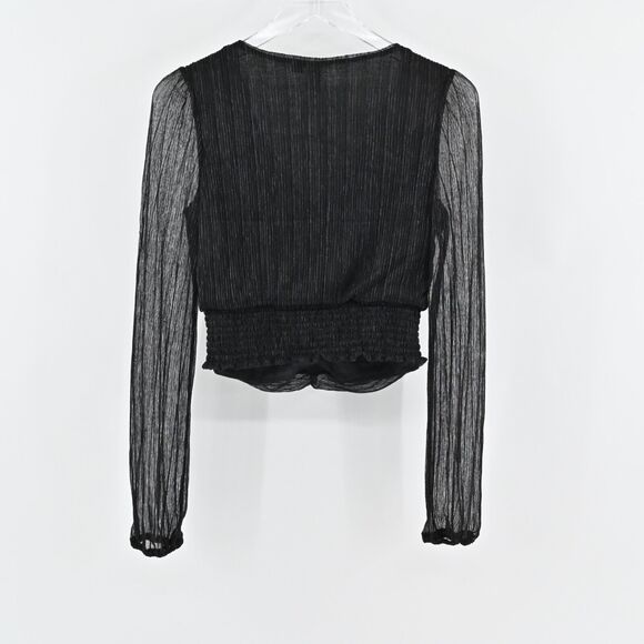 JOIE Top Womens Size S Black Metallic‎ VNeck Gathered Blouse Semi Sheer Sleeves - Picture 4 of 12